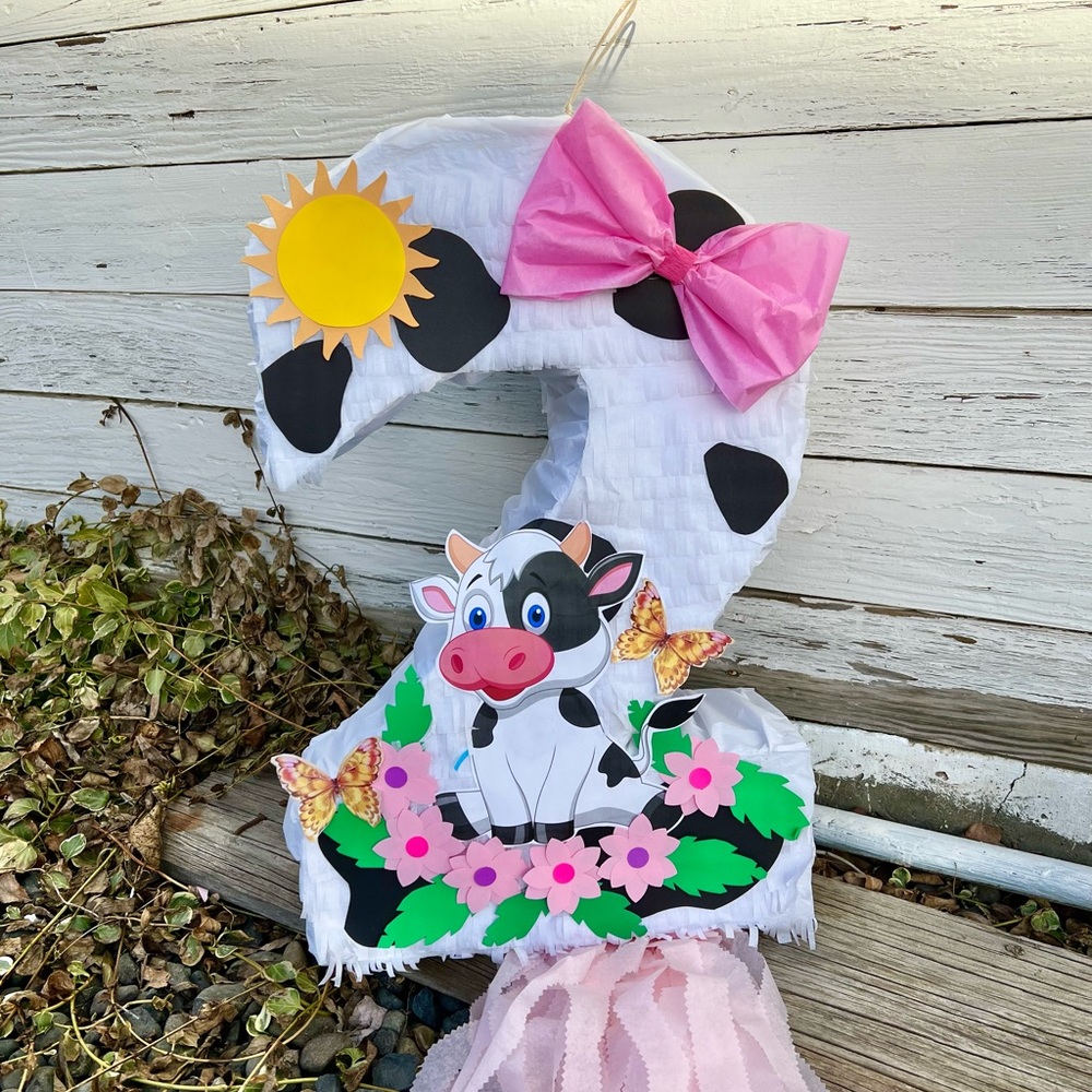Cow piñata farm number two Piñata birthday party animals
